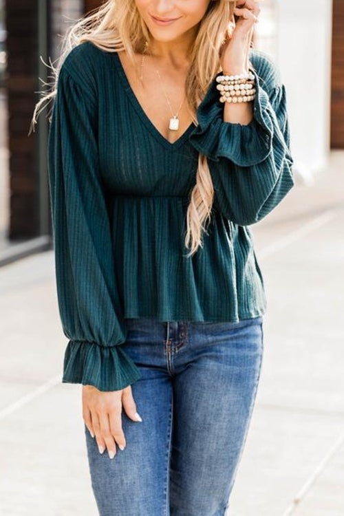 V Neck Peplum Balloon Sleeves Blouse