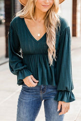 V Neck Peplum Balloon Sleeves Blouse