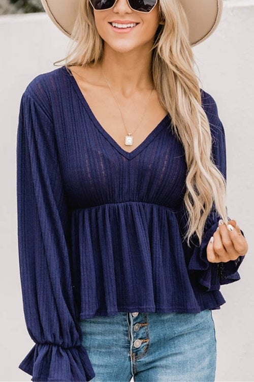 V Neck Peplum Balloon Sleeves Blouse