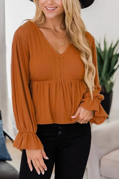 V Neck Peplum Balloon Sleeves Blouse
