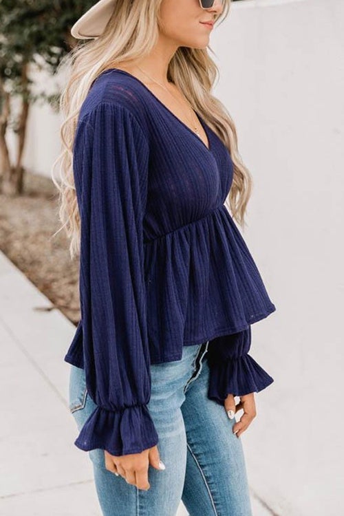 V Neck Peplum Balloon Sleeves Blouse