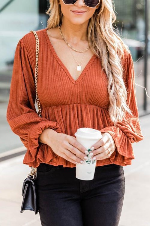 V Neck Peplum Balloon Sleeves Blouse