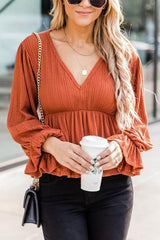 V Neck Peplum Balloon Sleeves Blouse