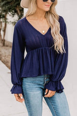 V Neck Peplum Balloon Sleeves Blouse