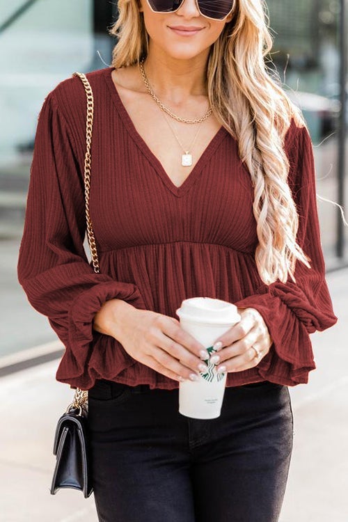 V Neck Peplum Balloon Sleeves Blouse