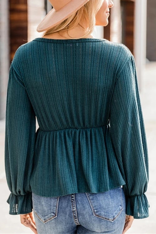 V Neck Peplum Balloon Sleeves Blouse