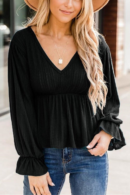 V Neck Peplum Balloon Sleeves Blouse