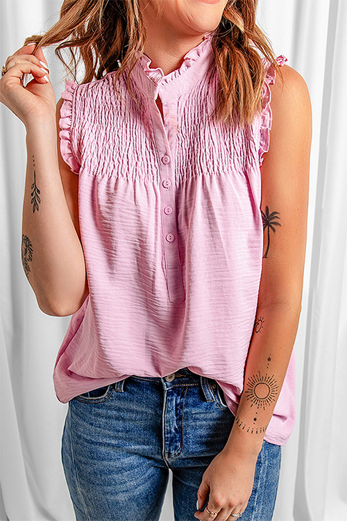 Ruffle Button Cap Sleeve Tank Top
