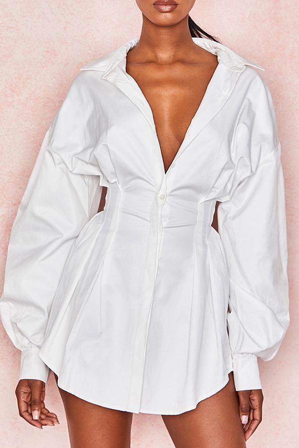 V-neck Pleated Waist Sexy Shirt Dress