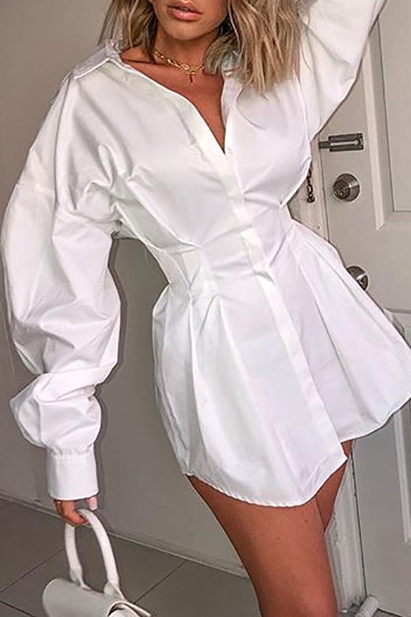 V-neck Pleated Waist Sexy Shirt Dress