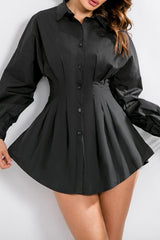 V-neck Pleated Waist Sexy Shirt Dress