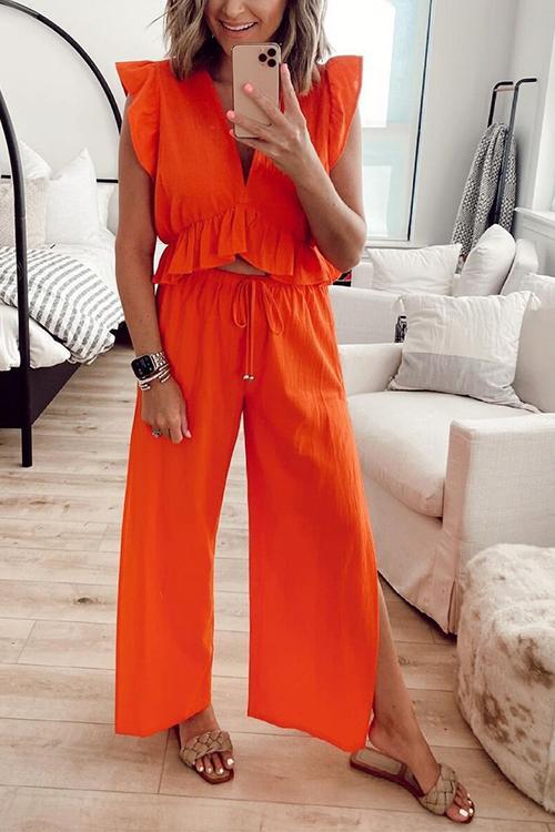 Ruffles Crop Slit Pants Set