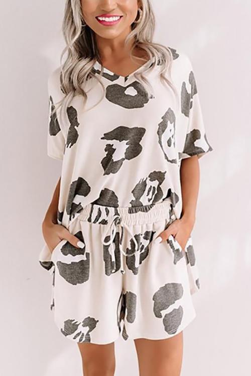 Print V Neck Loose T Shirt Short Set