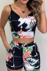 Print Pockets Slip Crop Top Short Set