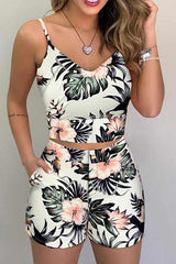 Print Pockets Slip Crop Top Short Set