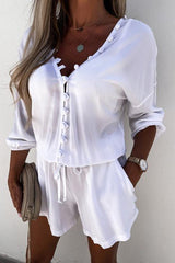 Solid Button Shirt Shorts Set