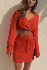 Twist Cropped Drawstring Skirts Set