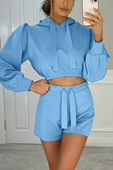 Puff Sleeve Crop Hoodie Shorts Set