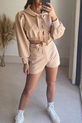 Puff Sleeve Crop Hoodie Shorts Set