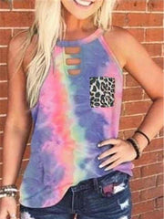 Tie-dye Printed Leopard Pocket Tank Tops