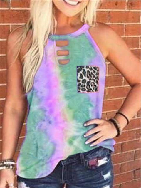 Tie-dye Printed Leopard Pocket Tank Tops