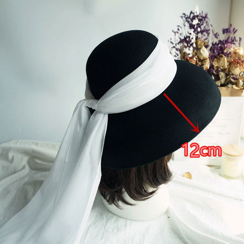 Boho Hat, Floppy Vintage Hat, Audrey Black Wool White Scraf