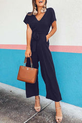 V-Neck Solid Color Waistband Jumpsuit