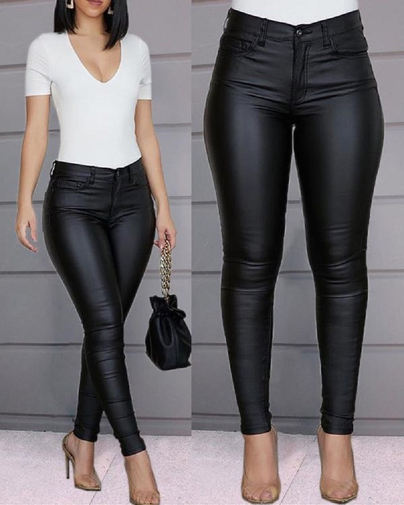 High Waist Long Sexy Stretch Bodycon PU Leather Trouser Pants