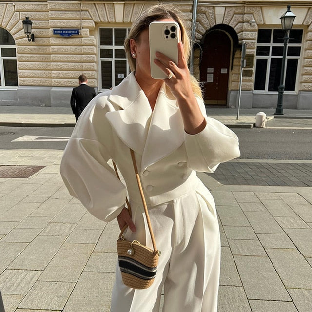 Two Piece Long Sleeve Woolen Coat Wide Leg Pants Set