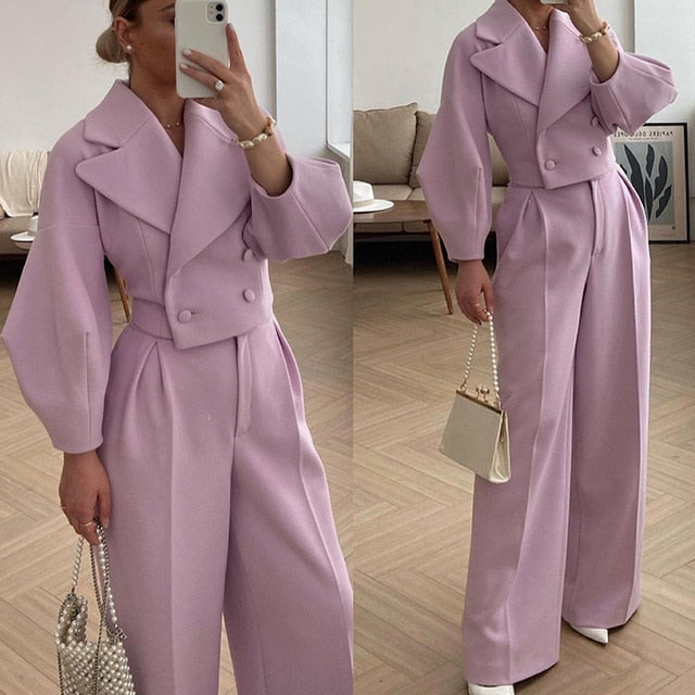 Two Piece Long Sleeve Woolen Coat Wide Leg Pants Set