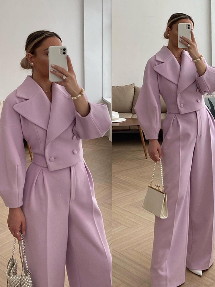 Two Piece Long Sleeve Woolen Coat Wide Leg Pants Set