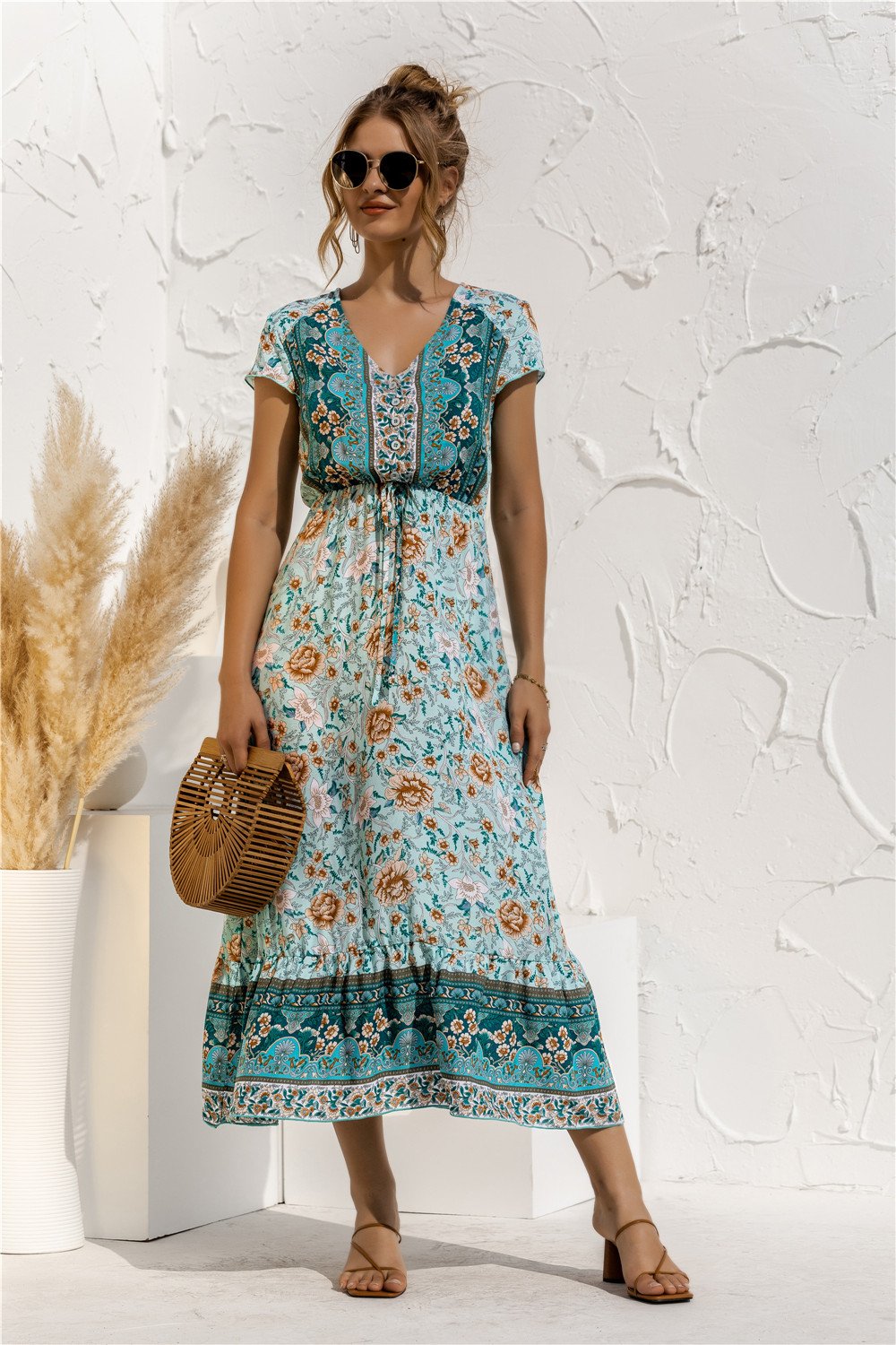 Short Sleeve V Neck Floral Maxi Dress