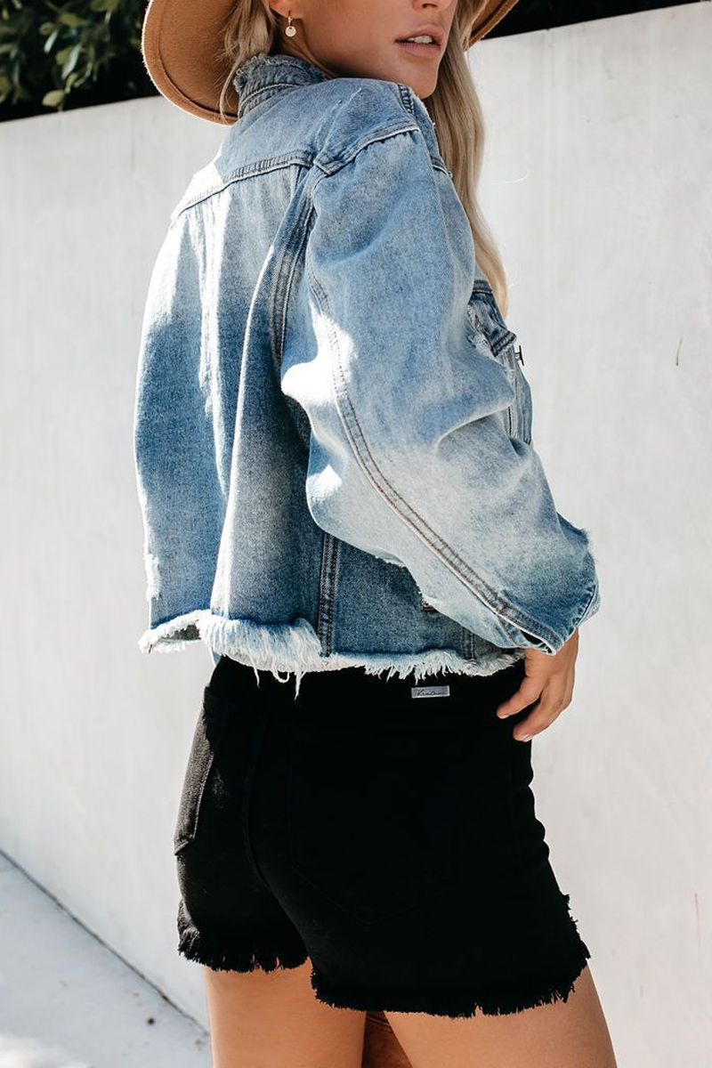 Lapel Fringed Wash Denim Ripped Jacket