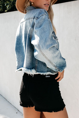 Lapel Fringed Wash Denim Ripped Jacket