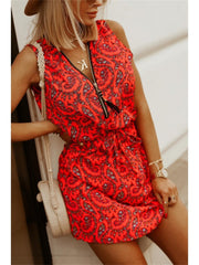 New Fashion Print Short-sleeved Zipper Collar Elastic Waist V-neck Short-sleeved Floral A-line Skirt Midriff Set Head Regular Sleeve Dress Short Dress