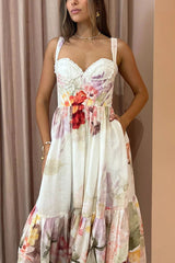 Romantic Date Floral Ruffle Detail Pocketed Corset Maxi Formal / Vacation Dress