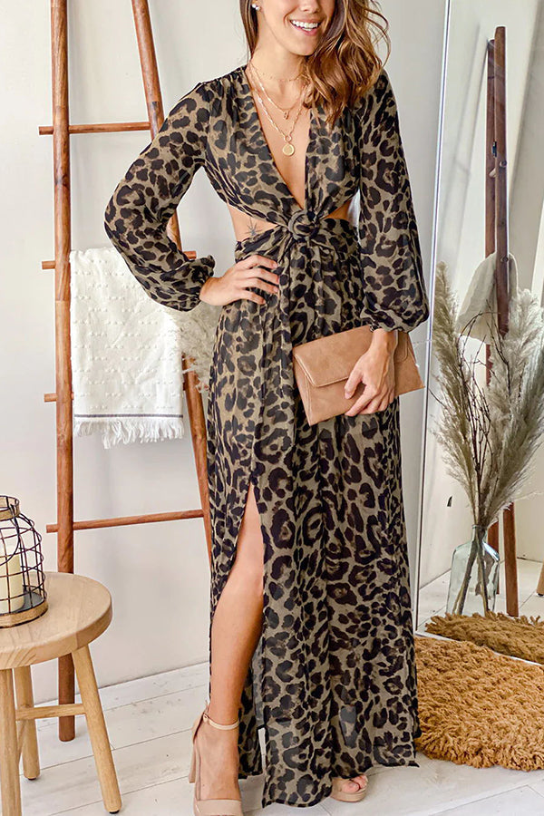 Vallarta Leopard Back Smocked Cutout Waist Maxi Dress
