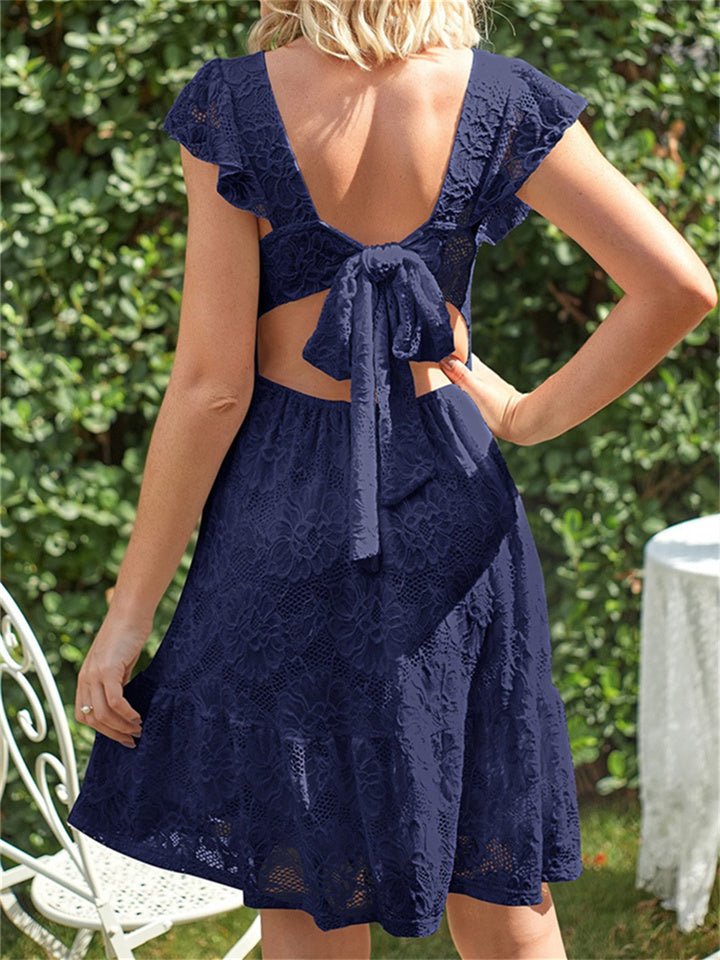 Women's Summer V-neck Ruffle Sleeve Dress Floral Lace Lace-up A-line Dress White Black Red Apricot Green Blue Pink S-2XL
