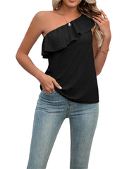 Ruffle Wide Straps Solid Color Undershirt Female Summer New Strapless Simple and Versatile Oblique Side Collar Tops Female