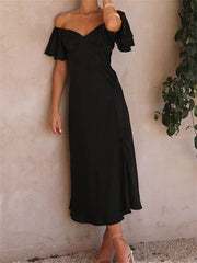 S-XL Summer Casual Women's Solid Color Satin Short Sleeve Sexy One Neck High Waist Pleated Medium Length Dress Temperament Commuter