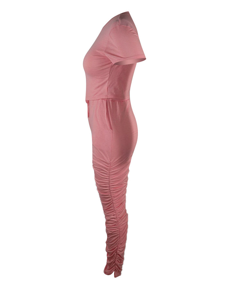 Solid Crop Top & Drawstring Ruched Pants Set