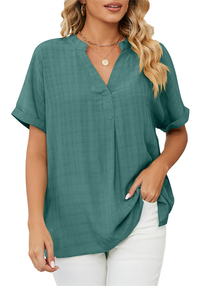New Thin Section V-neck Casual Set Head Solid Color Loose Temperament Commuter Three-quarter Sleeve Shirt Comfortable Casual Tops Female