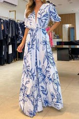 Fashion Pattern Print Elastic Waist  Pocketed Maxi Dress