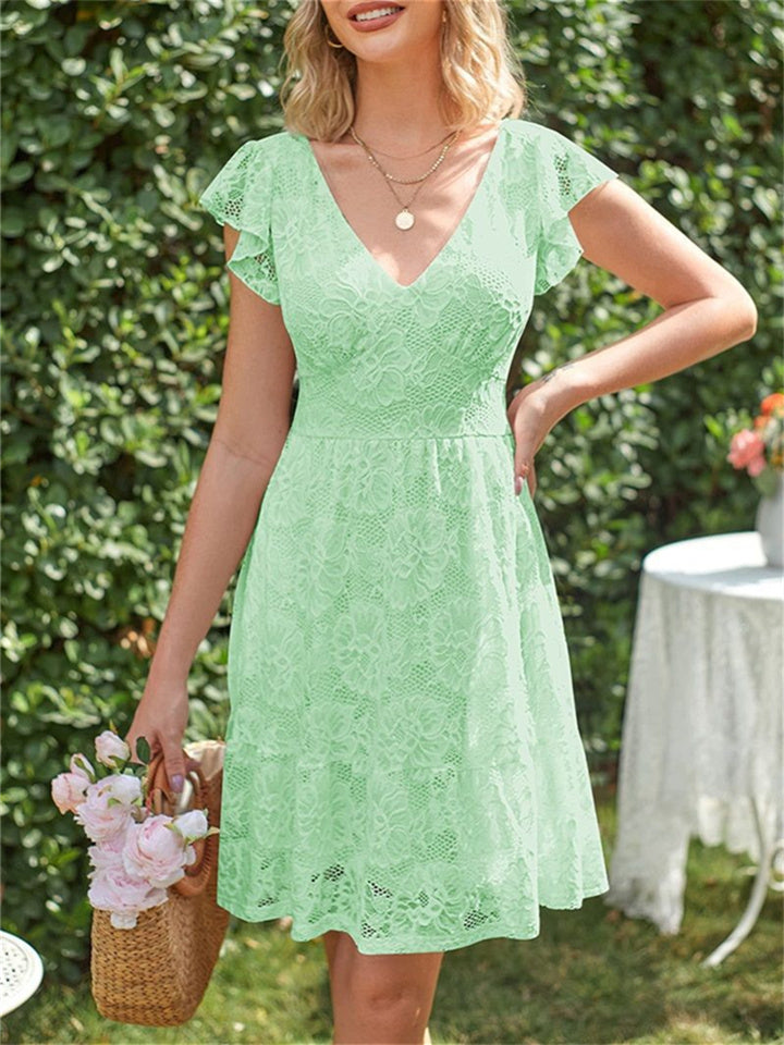 Women's Summer V-neck Ruffle Sleeve Dress Floral Lace Lace-up A-line Dress White Black Red Apricot Green Blue Pink S-2XL