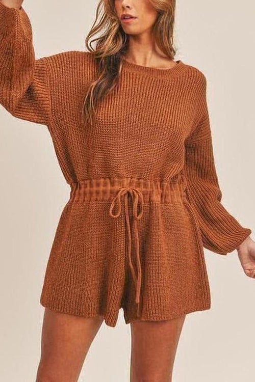 O Neck Puff Long Drawstring Sweater Romper