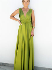 New Temperament Elegant Solid Color Sleeveless Sexy Elastic Waist Swing V-neck Long Dress Evening Dress Party Dress Female