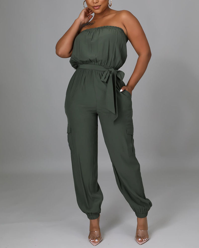 Solid Belted Flap Pocket Frill Trim Strapless Jumpsuit
