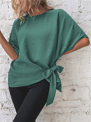 Women's Summer Solid Color Bat Wing Sleeve Hem Knot Loose T-shirt Tops Black Gray Blue Brown Green S M L XL