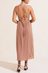 Sailor Linen Blend Smocked Back Lace-up Midi Dress