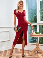 New Solid Color Women's Sexy V-neck Slim Open Knit Mid-length Dress Button Set Head Commuter One Step Dress Temperament Elegant Dress
